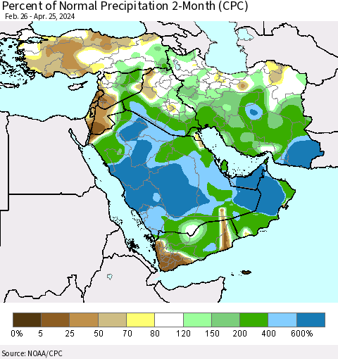 Middle East and Turkey Percent of Normal Precipitation 2-Month (CPC) Thematic Map For 2/26/2024 - 4/25/2024