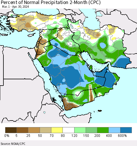 Middle East and Turkey Percent of Normal Precipitation 2-Month (CPC) Thematic Map For 3/1/2024 - 4/30/2024