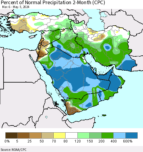 Middle East and Turkey Percent of Normal Precipitation 2-Month (CPC) Thematic Map For 3/6/2024 - 5/5/2024