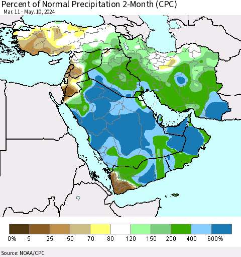 Middle East and Turkey Percent of Normal Precipitation 2-Month (CPC) Thematic Map For 3/11/2024 - 5/10/2024