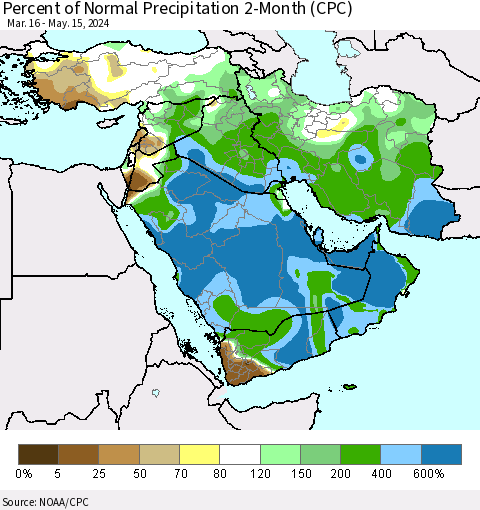 Middle East and Turkey Percent of Normal Precipitation 2-Month (CPC) Thematic Map For 3/16/2024 - 5/15/2024