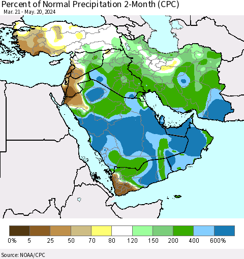Middle East and Turkey Percent of Normal Precipitation 2-Month (CPC) Thematic Map For 3/21/2024 - 5/20/2024