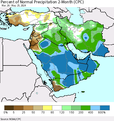 Middle East and Turkey Percent of Normal Precipitation 2-Month (CPC) Thematic Map For 3/26/2024 - 5/25/2024