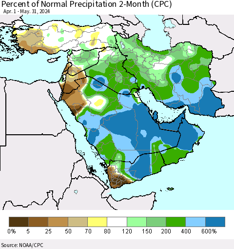 Middle East and Turkey Percent of Normal Precipitation 2-Month (CPC) Thematic Map For 4/1/2024 - 5/31/2024