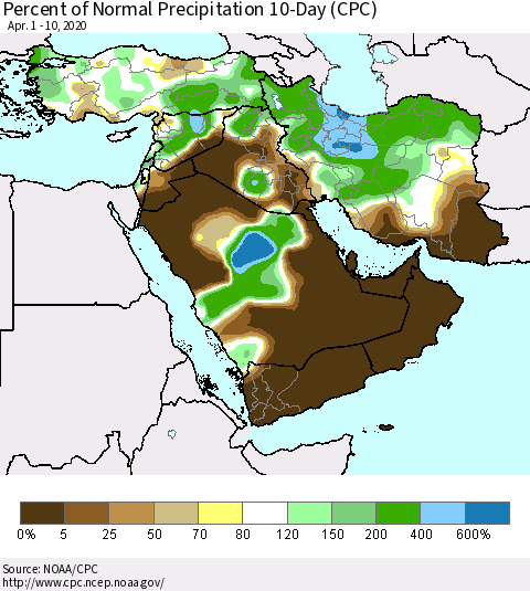 Middle East and Turkey Percent of Normal Precipitation 10-Day (CPC) Thematic Map For 4/1/2020 - 4/10/2020