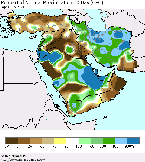 Middle East and Turkey Percent of Normal Precipitation 10-Day (CPC) Thematic Map For 4/6/2020 - 4/15/2020
