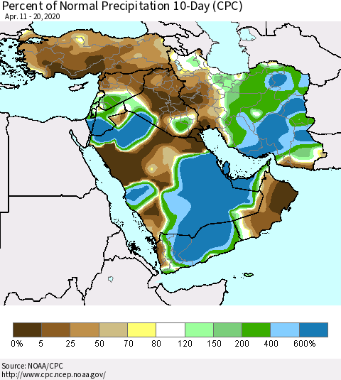 Middle East and Turkey Percent of Normal Precipitation 10-Day (CPC) Thematic Map For 4/11/2020 - 4/20/2020