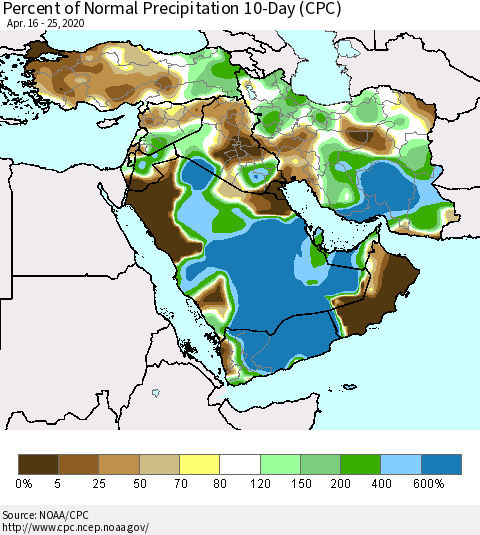 Middle East and Turkey Percent of Normal Precipitation 10-Day (CPC) Thematic Map For 4/16/2020 - 4/25/2020
