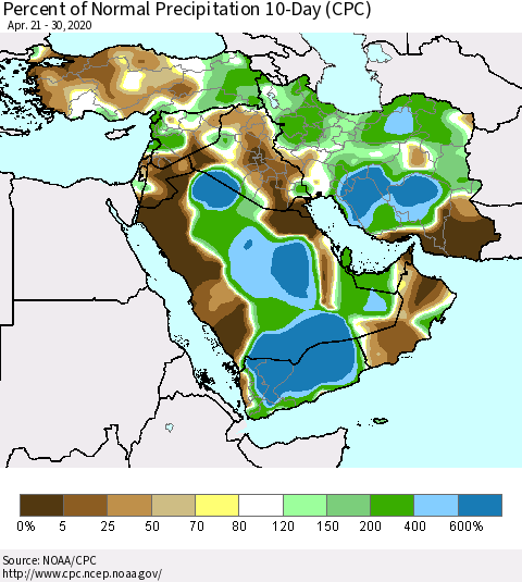 Middle East and Turkey Percent of Normal Precipitation 10-Day (CPC) Thematic Map For 4/21/2020 - 4/30/2020