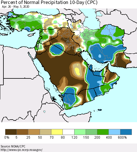 Middle East and Turkey Percent of Normal Precipitation 10-Day (CPC) Thematic Map For 4/26/2020 - 5/5/2020