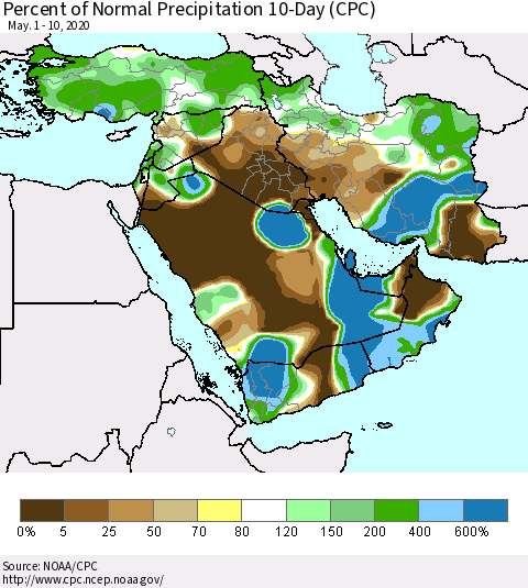 Middle East and Turkey Percent of Normal Precipitation 10-Day (CPC) Thematic Map For 5/1/2020 - 5/10/2020