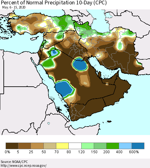 Middle East and Turkey Percent of Normal Precipitation 10-Day (CPC) Thematic Map For 5/6/2020 - 5/15/2020