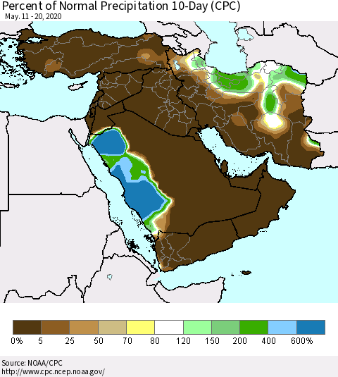 Middle East and Turkey Percent of Normal Precipitation 10-Day (CPC) Thematic Map For 5/11/2020 - 5/20/2020