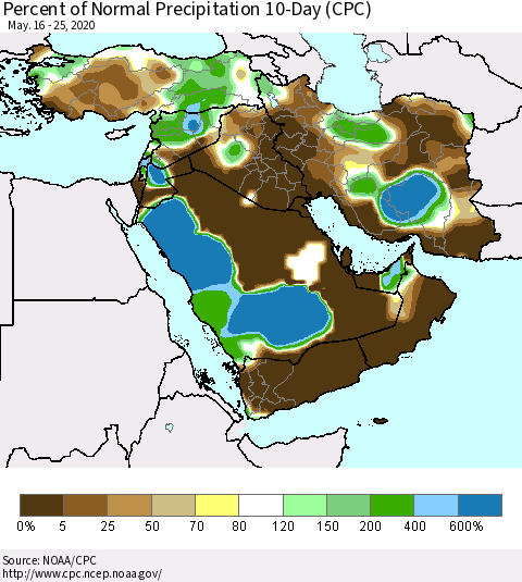 Middle East and Turkey Percent of Normal Precipitation 10-Day (CPC) Thematic Map For 5/16/2020 - 5/25/2020