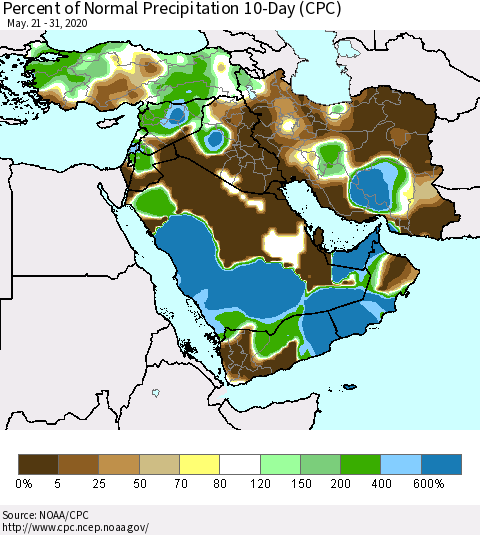 Middle East and Turkey Percent of Normal Precipitation 10-Day (CPC) Thematic Map For 5/21/2020 - 5/31/2020