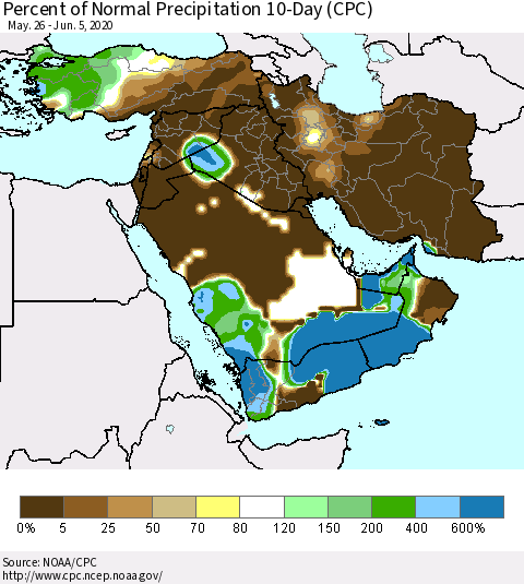 Middle East and Turkey Percent of Normal Precipitation 10-Day (CPC) Thematic Map For 5/26/2020 - 6/5/2020