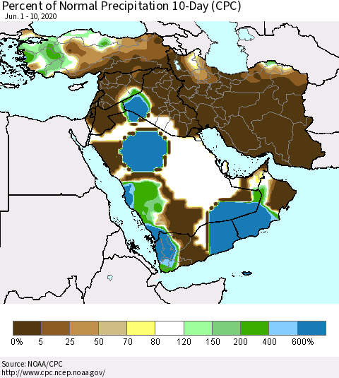 Middle East and Turkey Percent of Normal Precipitation 10-Day (CPC) Thematic Map For 6/1/2020 - 6/10/2020