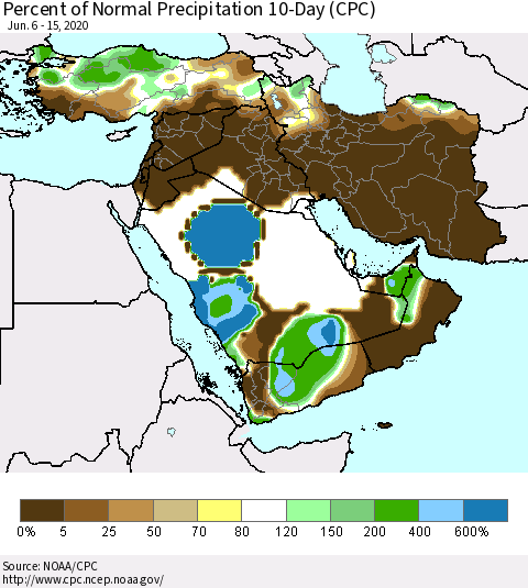 Middle East and Turkey Percent of Normal Precipitation 10-Day (CPC) Thematic Map For 6/6/2020 - 6/15/2020