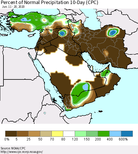 Middle East and Turkey Percent of Normal Precipitation 10-Day (CPC) Thematic Map For 6/11/2020 - 6/20/2020