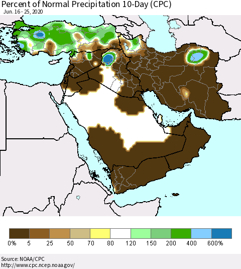 Middle East and Turkey Percent of Normal Precipitation 10-Day (CPC) Thematic Map For 6/16/2020 - 6/25/2020