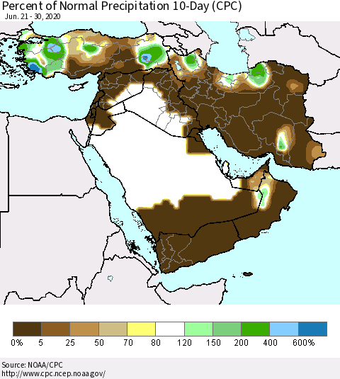 Middle East and Turkey Percent of Normal Precipitation 10-Day (CPC) Thematic Map For 6/21/2020 - 6/30/2020