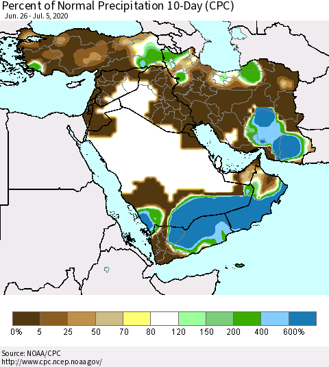 Middle East and Turkey Percent of Normal Precipitation 10-Day (CPC) Thematic Map For 6/26/2020 - 7/5/2020