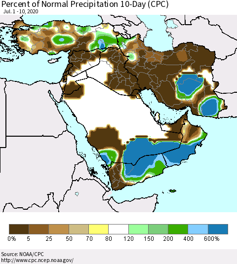 Middle East and Turkey Percent of Normal Precipitation 10-Day (CPC) Thematic Map For 7/1/2020 - 7/10/2020