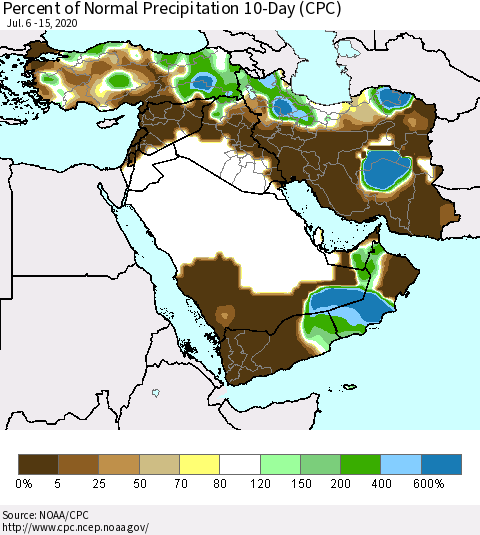Middle East and Turkey Percent of Normal Precipitation 10-Day (CPC) Thematic Map For 7/6/2020 - 7/15/2020
