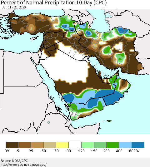 Middle East and Turkey Percent of Normal Precipitation 10-Day (CPC) Thematic Map For 7/11/2020 - 7/20/2020