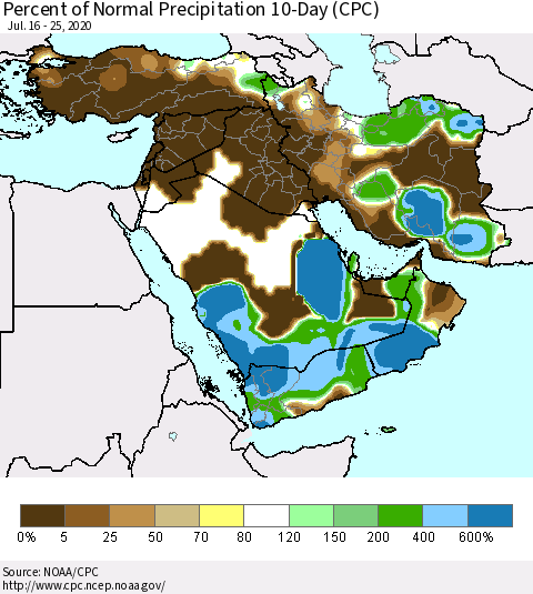 Middle East and Turkey Percent of Normal Precipitation 10-Day (CPC) Thematic Map For 7/16/2020 - 7/25/2020