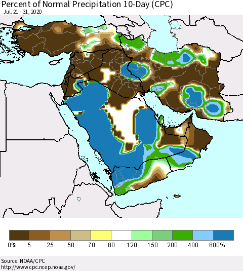 Middle East and Turkey Percent of Normal Precipitation 10-Day (CPC) Thematic Map For 7/21/2020 - 7/31/2020
