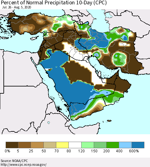 Middle East and Turkey Percent of Normal Precipitation 10-Day (CPC) Thematic Map For 7/26/2020 - 8/5/2020