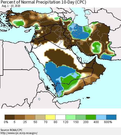 Middle East and Turkey Percent of Normal Precipitation 10-Day (CPC) Thematic Map For 8/1/2020 - 8/10/2020