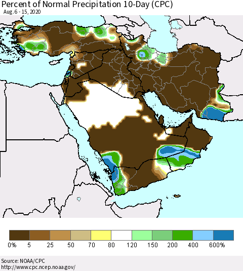 Middle East and Turkey Percent of Normal Precipitation 10-Day (CPC) Thematic Map For 8/6/2020 - 8/15/2020