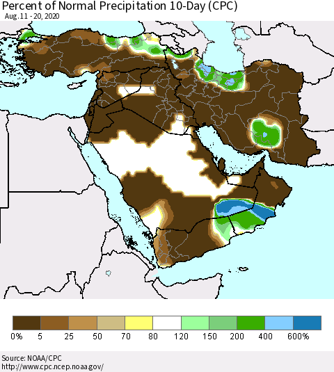 Middle East and Turkey Percent of Normal Precipitation 10-Day (CPC) Thematic Map For 8/11/2020 - 8/20/2020