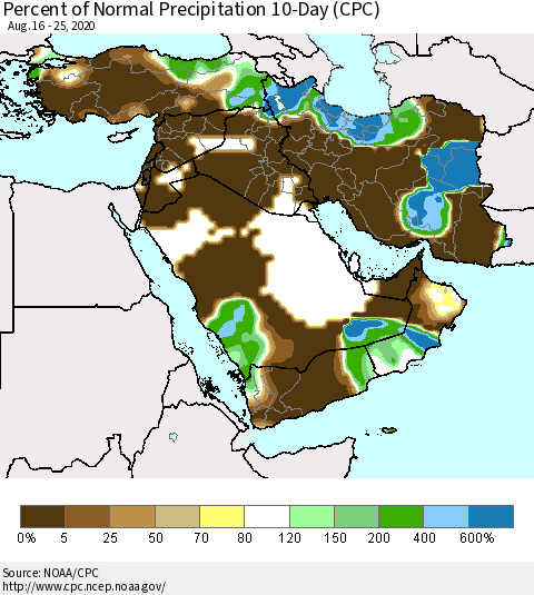 Middle East and Turkey Percent of Normal Precipitation 10-Day (CPC) Thematic Map For 8/16/2020 - 8/25/2020