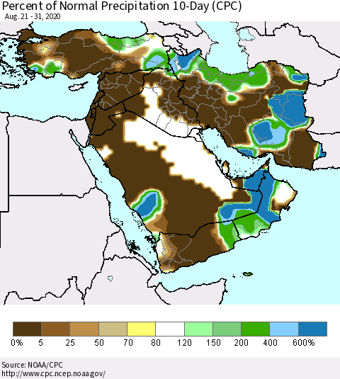 Middle East and Turkey Percent of Normal Precipitation 10-Day (CPC) Thematic Map For 8/21/2020 - 8/31/2020