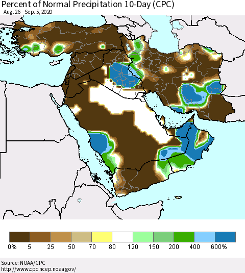 Middle East and Turkey Percent of Normal Precipitation 10-Day (CPC) Thematic Map For 8/26/2020 - 9/5/2020