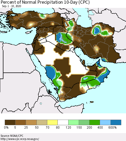 Middle East and Turkey Percent of Normal Precipitation 10-Day (CPC) Thematic Map For 9/1/2020 - 9/10/2020