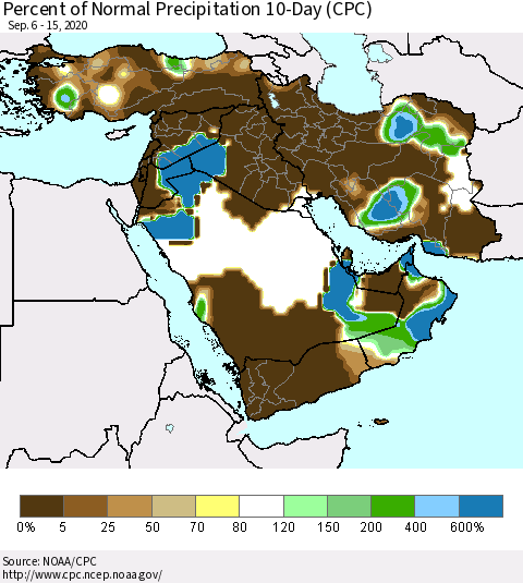 Middle East and Turkey Percent of Normal Precipitation 10-Day (CPC) Thematic Map For 9/6/2020 - 9/15/2020