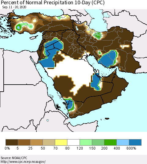 Middle East and Turkey Percent of Normal Precipitation 10-Day (CPC) Thematic Map For 9/11/2020 - 9/20/2020