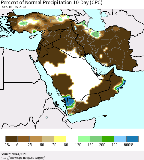 Middle East and Turkey Percent of Normal Precipitation 10-Day (CPC) Thematic Map For 9/16/2020 - 9/25/2020