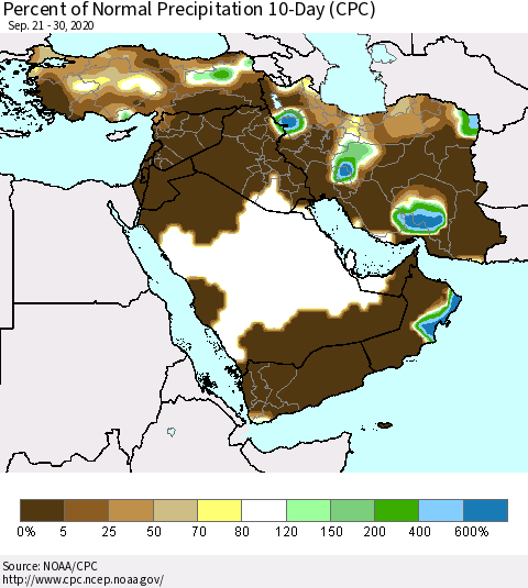 Middle East and Turkey Percent of Normal Precipitation 10-Day (CPC) Thematic Map For 9/21/2020 - 9/30/2020