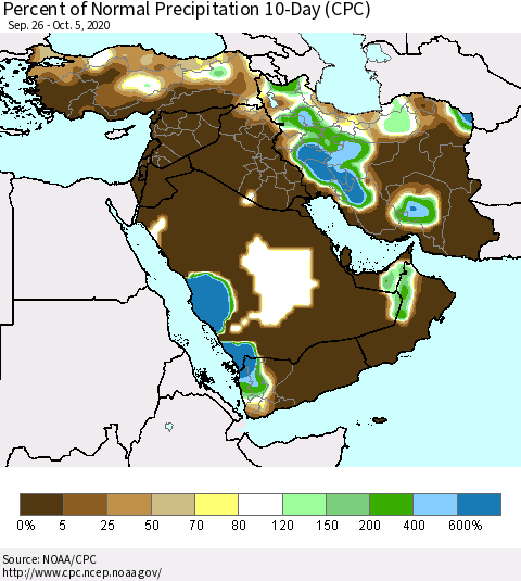 Middle East and Turkey Percent of Normal Precipitation 10-Day (CPC) Thematic Map For 9/26/2020 - 10/5/2020