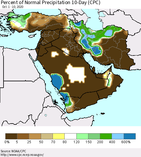 Middle East and Turkey Percent of Normal Precipitation 10-Day (CPC) Thematic Map For 10/1/2020 - 10/10/2020