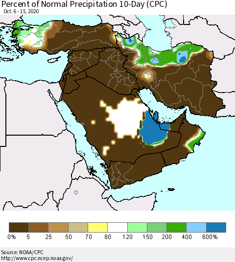 Middle East and Turkey Percent of Normal Precipitation 10-Day (CPC) Thematic Map For 10/6/2020 - 10/15/2020
