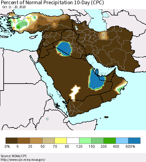 Middle East and Turkey Percent of Normal Precipitation 10-Day (CPC) Thematic Map For 10/11/2020 - 10/20/2020
