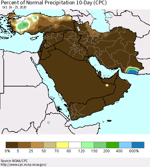 Middle East and Turkey Percent of Normal Precipitation 10-Day (CPC) Thematic Map For 10/16/2020 - 10/25/2020