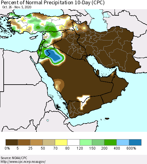 Middle East and Turkey Percent of Normal Precipitation 10-Day (CPC) Thematic Map For 10/26/2020 - 11/5/2020