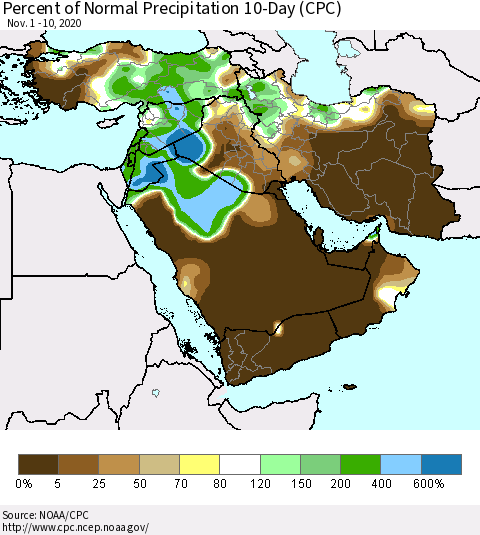 Middle East and Turkey Percent of Normal Precipitation 10-Day (CPC) Thematic Map For 11/1/2020 - 11/10/2020